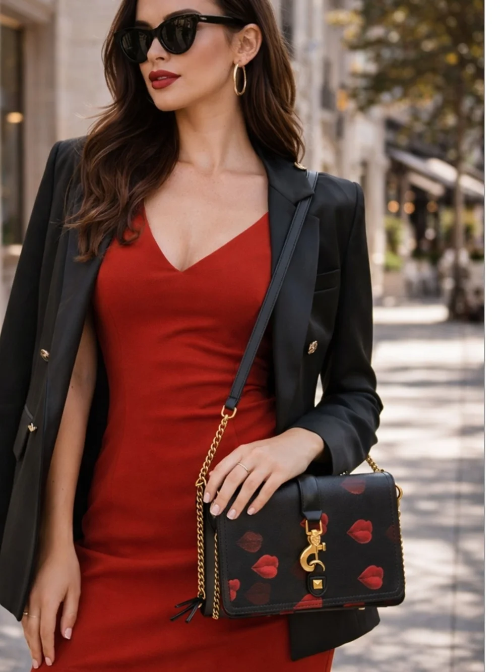 Betsey Johnson Black Crossbody Bag with Red Lip Motif & Gold Chain